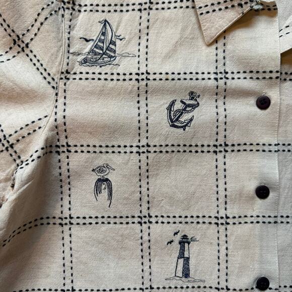 Embroidered Coastal Linen Blend Shirt Lemon Grass Petite Medium PM - Picture 7 of 10